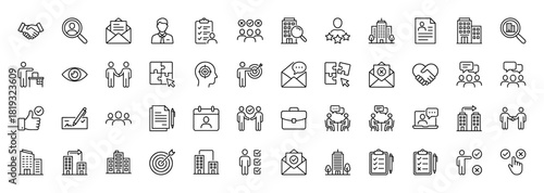 Employment and HR line icon set. Vector pictograms of office buildings, resumes, teams, handshakes, interviews, and goal setting, thin linear illustration.