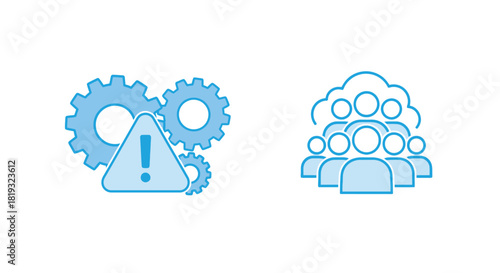 Vector illustration of warning sign with gears and group of people isolated on