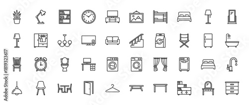Household furniture and appliance line icon set. Vector pictograms of beds, chairs, tables, lamps, television, sofa, washing machine, toilet, and desk, thin linear illustration.