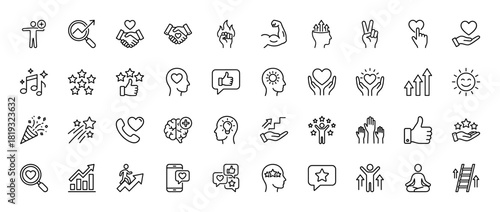 Motivation and personal growth line icon set. Vector pictograms of brain, success, strength, handshake, stars, thumbs up, and well-being, thin linear illustration.