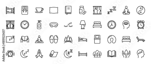Sleep and relaxation line icon set. Vector pictograms of a sleeping person, bed, alarm clock, sleep mask, meditating figure, book, and tea cup, thin linear illustration.