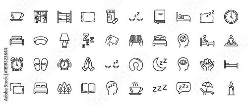 Sleep and relaxation line icon set. Vector pictograms of bed, pillow, alarm clock, sleeping mask, moon, book, meditation, medication, and ZZZ symbols, thin linear illustration.