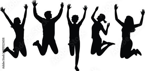 Jumping silhouettes, raised arms, joyful motion, black figures, celebration pose, active energy, expressive gesture, minimal design, youth excitement, dynamic movement