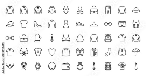 Fashion and apparel line icon set. Vector pictograms of diverse clothing, footwear, bags, hats, accessories, and jewelry, thin linear illustration.