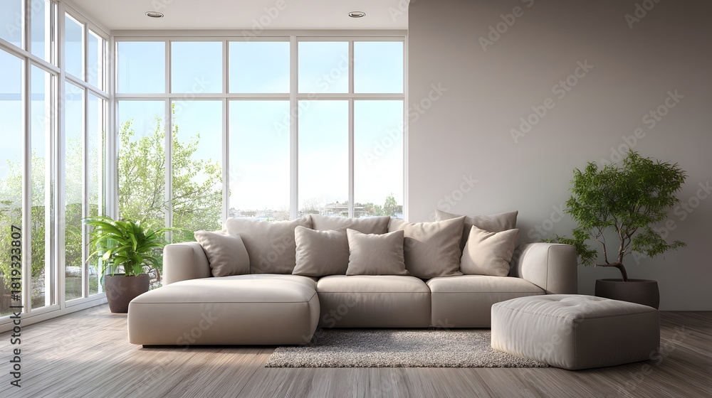 Fototapeta premium Modern Living Room with Large Windows and Comfortable Sectional Sofa.