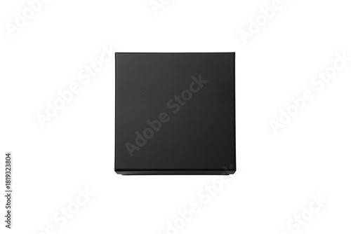 Top view of a closed, matte black square rigid box isolated on transparent background, ideal for premium packaging or gift mockups