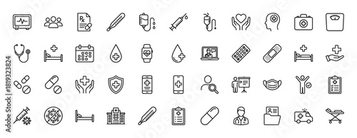 Medical line icon set. Vector pictograms of syringe, stethoscope, thermometer, hospital, pills, doctor, ambulance, and telemedicine, thin linear illustration.