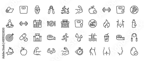 Health and fitness line icon set. Vector pictograms of bicep, scale, treadmill, apple, smartwatch, gym, yoga, no fast food, diet, and running, thin linear illustration.