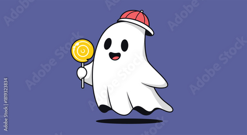 A cheerful cartoon ghost character, sporting a red cap and holding a vibrant yellow lollipop, happily floats against a solid purple backdrop.