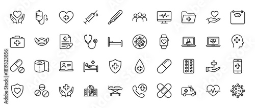 Healthcare line icon set. Vector pictograms of heartbeat monitor, syringe, thermometer, medical mask, stethoscope, pills, hospital, ambulance, virus, and patient, thin linear illustration.
