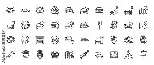 Automotive line icon set. Vector pictograms of cars, speedometer, parking, navigation, repair, electric vehicle, and car key, thin linear illustrations.