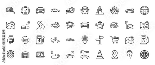 Automotive line icon set. Vector pictograms of cars, speedometer, map, steering wheel, repair, parking, and charging station, thin linear illustration.