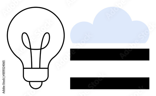 Minimalist design with a light bulb, cloud, and parallel bars illustrating ideas, technology, and digital storage. Ideal for innovation, tech concepts, data storage, creativity efficiency strategy