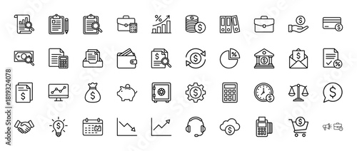 Finance and business line icon set. Vector pictograms of briefcase, documents, money, charts, credit card, bank, piggy bank, calculator, handshake, scales, thin linear illustration.