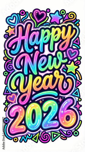 Colorful Artistic Happy New Year 2026 Greeting with Stars and Hearts