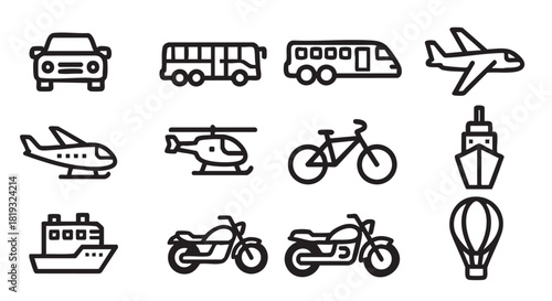Icons of Various Transportation Methods including Car Bus Plane Helicopter Boat Motorcycle