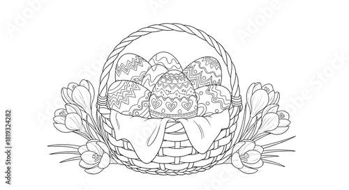 A detailed Easter coloring page featuring a woven basket brimming with patterned eggs and elegant crocus flowers, awaiting vibrant colors.