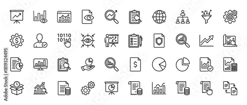 Business and data analytics line icon set. Vector pictograms of charts, documents, gears, magnifying glasses, financial reports, and strategic planning, thin linear illustration.