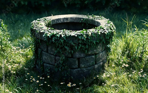 A rustic stone well overgrown with lush ivy, surrounded by vibrant green grass and delicate wildflowers, evoking a sense of tranquility and nature's reclaiming touch.