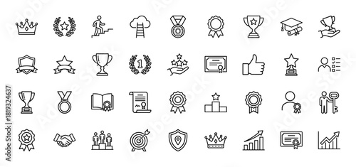 Achievement and success line icon set. Vector pictograms of awards, trophies, medals, certificates, diplomas, and recognition symbols, thin linear illustration.