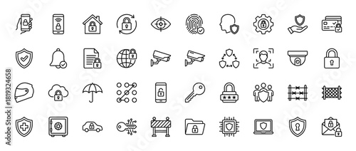 Security line icon set. Vector pictograms of padlocks, shields, fingerprint, CCTV cameras, keys, data protection, privacy, and access control symbols, thin linear illustration.