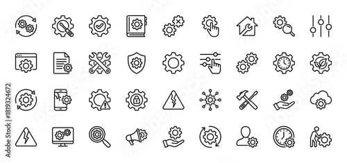 Technology and support line icon set. Vector pictograms of gear, wrench, document, smartphone, monitor, cloud, server, globe, and stopwatch, thin linear illustration.