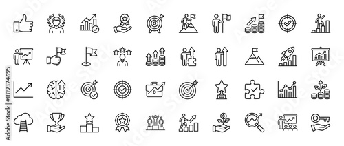 Business and success line icon set. Vector pictograms of targets, charts, flags, coins, trophies, people, rocket, brain, key, globe, thin linear illustration.
