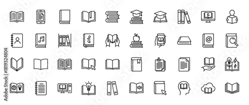 Education line icon set. Vector pictograms of books, graduation cap, smartphone, person reading, bookshelf, apple, computer, documents, lightbulb, brain, cloud, audio, thin linear illustration.