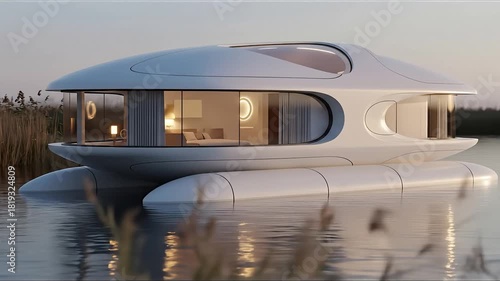 Futuristic luxury houseboat with panoramic windows and modern interior floating on calm water