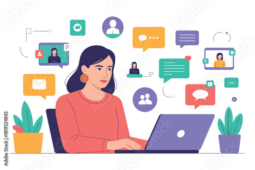 A woman interacts with a digital interface on her laptop, surrounded by communication icons.