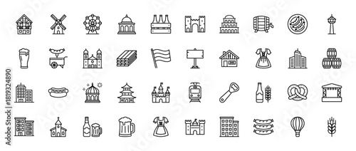 German culture and festival line icon set. Vector pictograms of beer, pretzels, sausages, traditional buildings, castles, and travel elements, thin linear illustration.