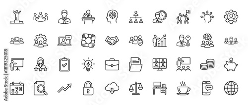 Business management line icon set. Vector pictograms of teamwork, strategy, growth, finance, office, technology, security, and human resources, thin linear illustration.