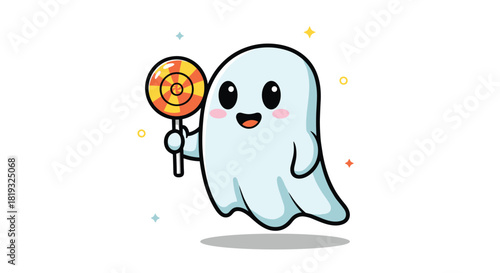 A cute cartoon ghost with a happy expression is holding a colorful swirl lollipop, set against a white background with subtle sparkles.