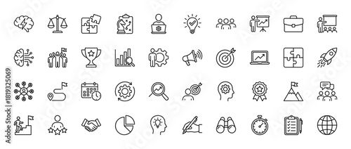 Business and startup line icon set. Vector pictograms of lightbulb, strategy, analytics, teamwork, success, growth, and project management, thin linear illustration.