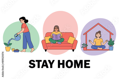 Illustrations show people engaged in various home activities with the text STAY HOME.