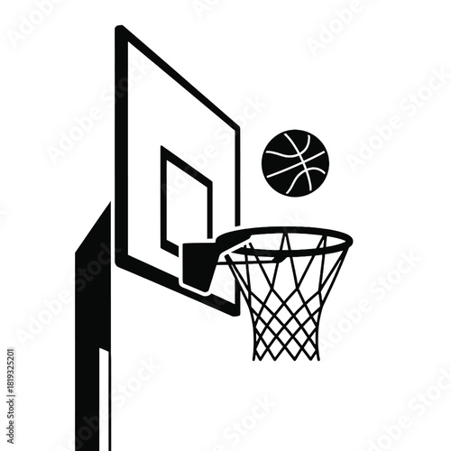 Simple black and white illustration of a basketball hoop and ball