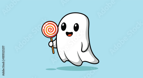 A cute, happy cartoon ghost floats with a cheerful smile, holding a red and white swirly lollipop against a vibrant light blue background.