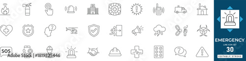 emergency icon set featuring medical aid, ambulance, alert, buttons, symbols, rescue, urgent, tools, first, response, and urgent crisis support visuals