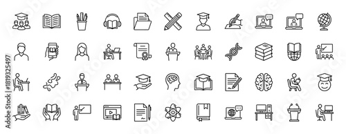 Education line icon set. Vector pictograms of graduation cap, books, laptop, globe, document, brain, classroom, and online learning, thin linear illustration.