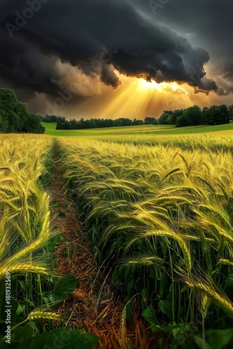 Golden wheat field under a dramatic sky filled with dark clouds and beams of sunlight breaking through, creating a stunning contrast of colors in nature.