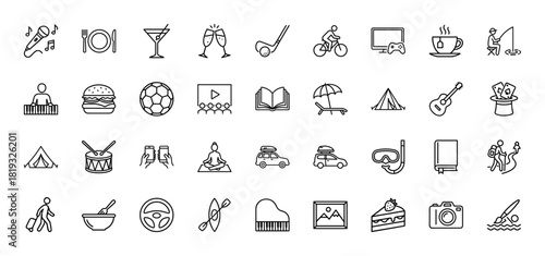 Leisure line icon set. Vector pictograms of cycling, music, dining, gaming, travel, camping, sports, arts, and reading, thin linear illustration.