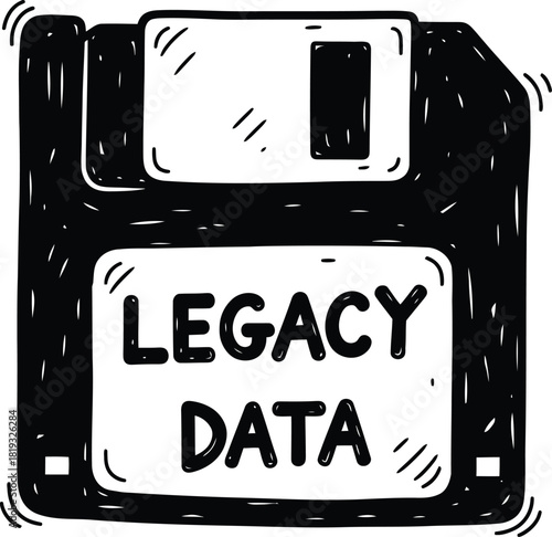 Doodle floppy disk icon, hand-drawn solid black on white, with a slightly crooked label, quick legacy data sketch