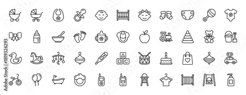 Baby line icon set. Vector pictograms of infant, crib, pacifier, bib, stroller, bottle, diaper, teddy bear, toy, clothing, high chair, and bathtub, thin linear illustration.