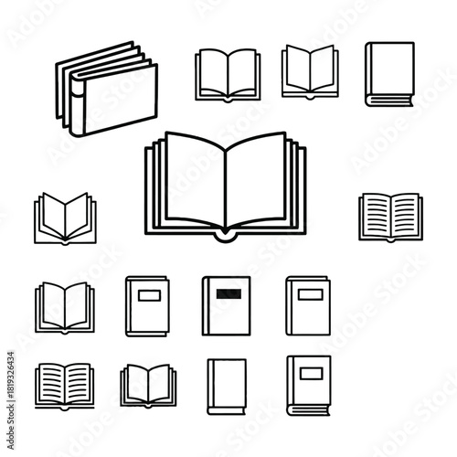 Simple black and white illustration depicting various open and closed books