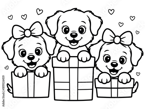 Three adorable puppies peek out from behind gift boxes adorned with bows and hearts.