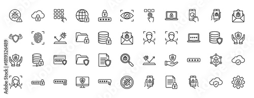 Cybersecurity and data protection line icon set. Vector pictograms of padlock, globe, virus, fingerprint, cloud, smartphone, laptop, database, and user authentication, thin linear illustration.