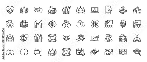 Business communication line icon set. Vector pictograms of meetings, handshakes, video calls, presentations, global networking, and collaboration, thin linear illustration.