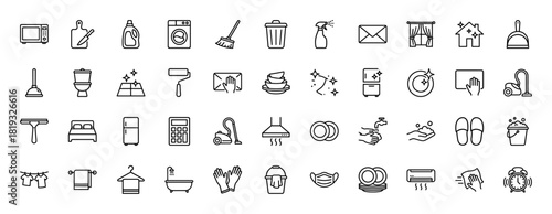 Household and cleaning services line icon set. Vector pictograms of laundry, kitchen, bathroom, cleaning tools, and home appliances, thin linear illustration.