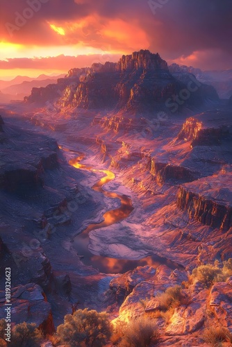 Stunning sunset over a vast canyon landscape, showcasing vibrant hues of orange and purple reflecting on the winding river below. A perfect blend of nature's beauty and serenity.