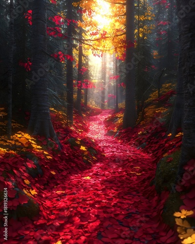 A serene autumn path in a forest, adorned with vibrant red and golden leaves, illuminated by soft sunlight filtering through the trees, creating a magical atmosphere.